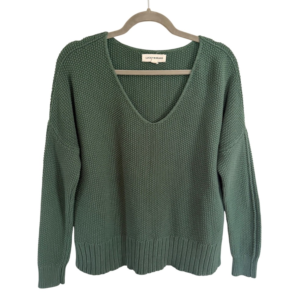 Lucky Brand Green Shaker Stitch V-Neck Pullover Sweater Small Beach Boho